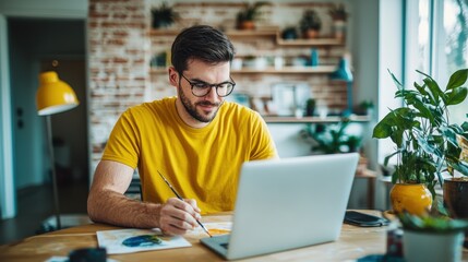 A focused man in a yellow shirt works on a laptop at a cozy, plant-filled workspace, sketching ideas on paper.
