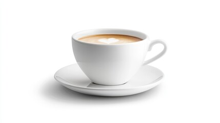 Obraz premium Cappuccino served in a minimalist white cup with saucer on a clean white background showcasing elegance and simplicity in beverage presentation