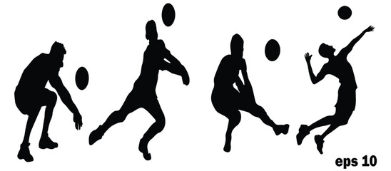 series of silhouettes of men playing volleyball with different actions and phases.vector illustration.on white background