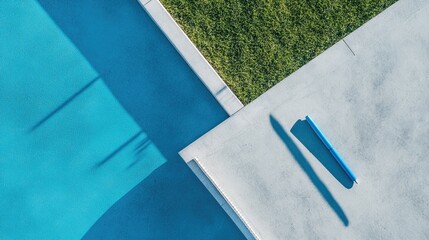 Aerial view of a swimming pool with geometric shapes and shadows cast by grass and concrete, evoking tranquility and modern design.