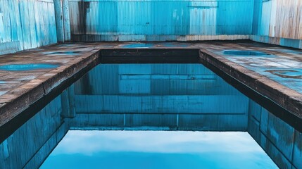 Obraz premium Blue rooftop reflection in industrial warehouse showcasing vibrant colors and textures against a clear sky.