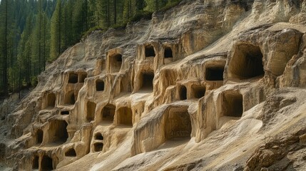 Artificial caves in dolomite rock formed by historical sand extraction amidst a serene forest landscape in the mountains.