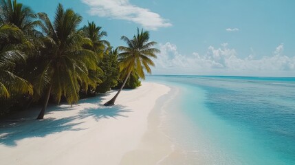 Fototapeta premium Serene tropical beach in Maldives featuring swaying palm trees and a crystal clear blue lagoon under a bright sky