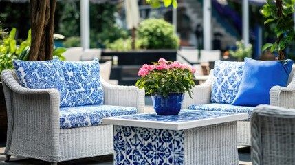 Fototapeta premium Elegant blue and white patio furniture set with floral centerpiece in serene outdoor setting surrounded by lush greenery