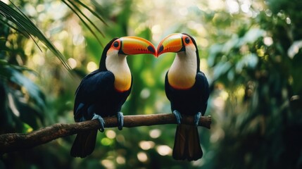 Naklejka premium Two Toucans Perched on Branch in Lush Rainforest