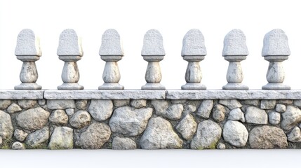 Fototapeta premium Old stone fence with decorative pillars and a white background showcasing classic architectural design and texture details.