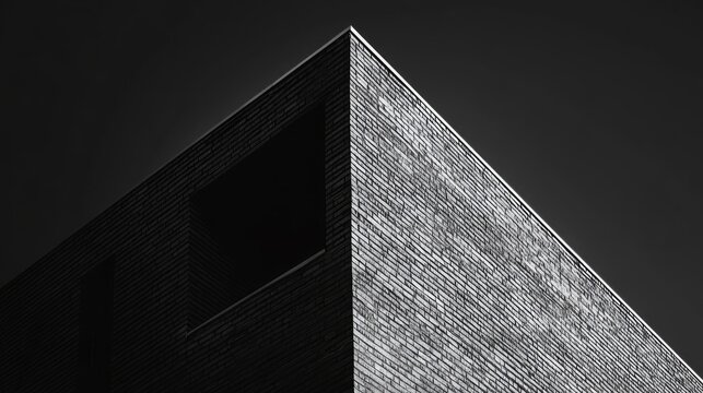 modern architectural corner of a brick building in black and white showcasing geometric lines and patterns against a dark sky