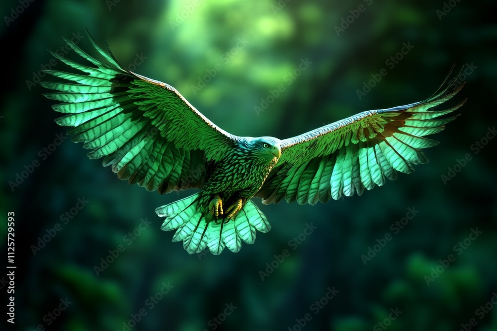 Poster a magical depiction of an eagle with glowing wings flying over an enchanted forest, surrounded by sh