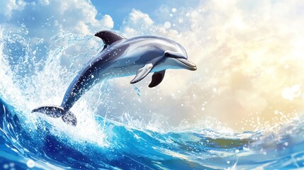 A Dolphin Leaps High Above Ocean Waves Under A Sunny Sky
