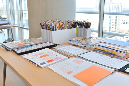 A magazine spread layout in progress, with cutouts, photographs, and fonts arranged across a desk