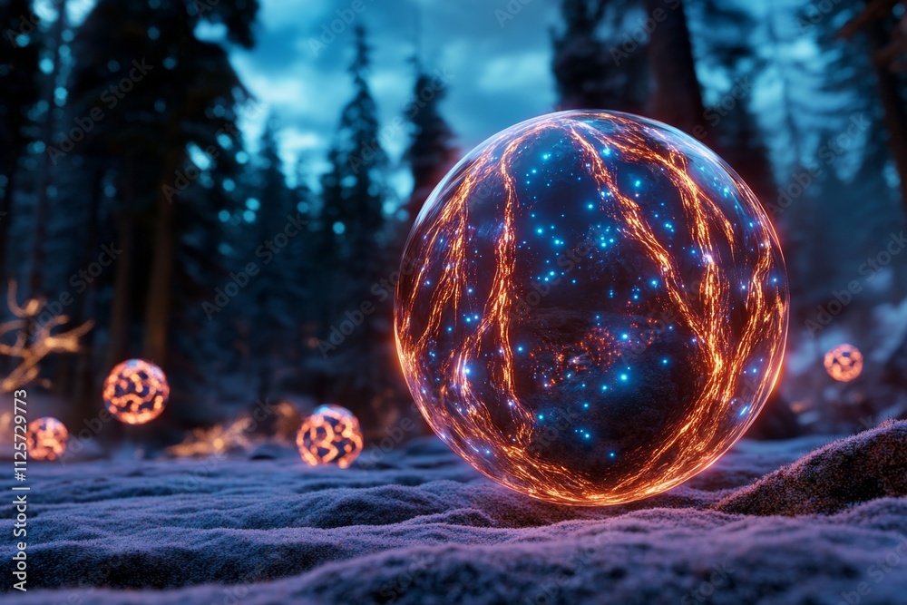 Poster a magical ecommerce marketplace with floating products displayed in glowing orbs, set in a dreamy, e