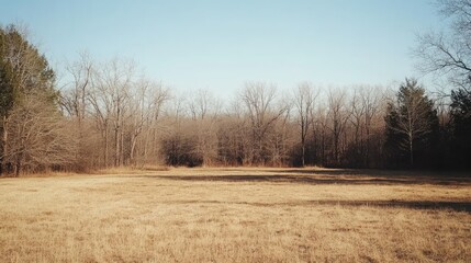 Dry springfield under a clear blue sky with bare trees and golden grass creating a serene natural landscape in early spring.
