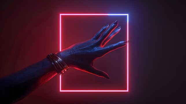 A hand reaches out towards a glowing neon square.