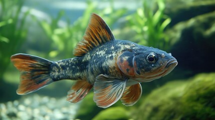 Obraz premium Colorful freshwater fish swimming in a natural aquatic environment with lush greenery and stones underwater.