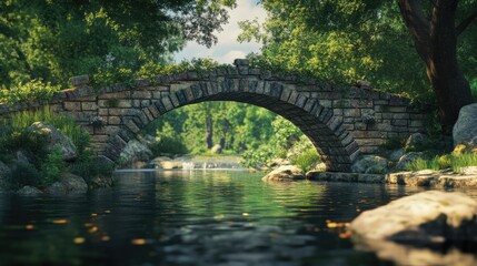 Serene stone bridge arching over a calm river surrounded by lush greenery and sunlit reflections in a tranquil natural landscape