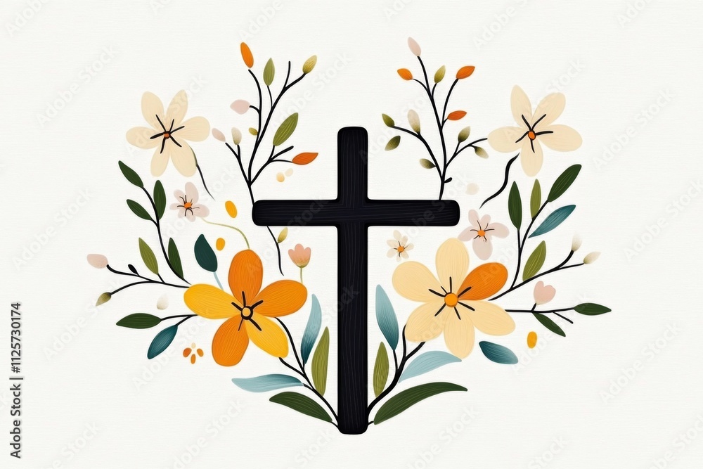 Poster a minimalist design of a cross surrounded by lilies, illustrated with clean lines and muted pastel c
