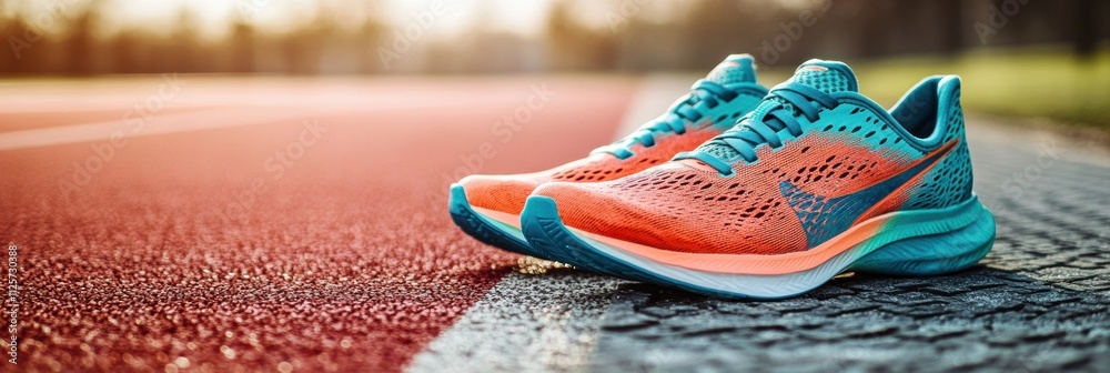 Leinwandbilder a bright pair of running shoes is placed on a red track, capturing the essence of athleticism with r