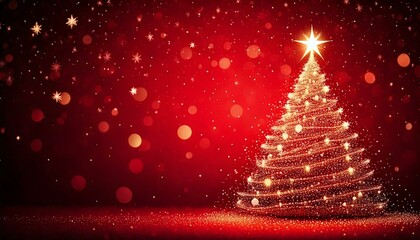christmas card background with elegant gold tree design for holiday greetings. Shining lights in the shape of a Christmas tree, a bright red background, a fluttering snowflake, a bokeh light backgroun