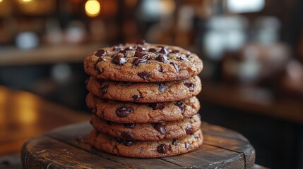 Freshly baked chocolate chip cookies are stacked high on a rustic wooden surface. The warm cafe ambiance enhances the inviting appearance, tempting anyone nearby.