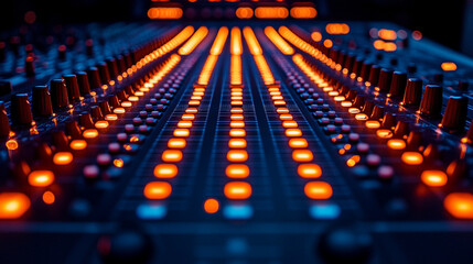 professional audio mixing console illuminated by vibrant LED lights, showcasing precision dials, sliders, and colorful buttons. Represents sound engineering, creativity, and innovation