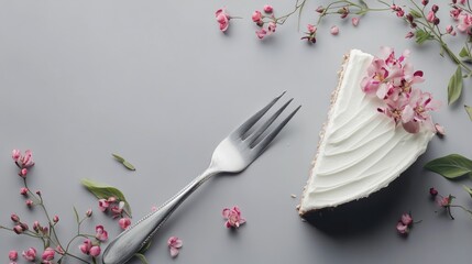 Elegant cake slice adorned with flowers and a silver fork on a soft gray background for dessert presentation and culinary imagery.