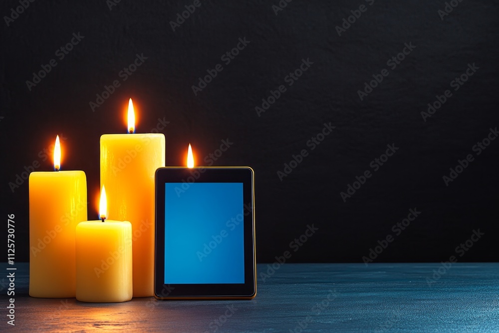 Poster a moody portrayal of an ebook reader surrounded by glowing candles, with a dark fantasy novel displa
