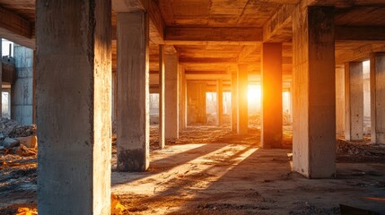 Obraz premium Cement pillars supporting an under-construction building with sunlight casting dramatic shadows in a modern architecture setting
