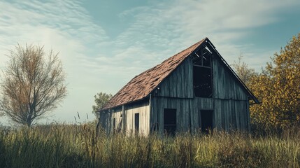 Obraz premium Ruined wooden farmhouse surrounded by overgrown grass and trees under a cloudy sky showcasing rural decay and historical architecture