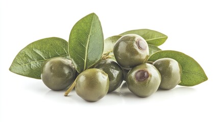 Obraz premium Caper berries with leaves arranged elegantly on a white background showcasing their texture and color freshness