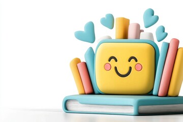 A playful 2D illustration of an ebook reader with cartoon-like book icons emerging from the screen, drawn in pastel tones on white