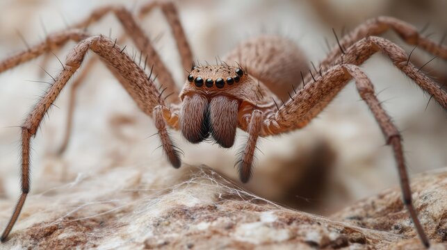 Close up of a brown spider on its web showcasing intricate details and textures against a natural background in nature photography. - Powered by Adobe