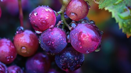 Close-up of glistening ripe grapes with droplets of water, surrounded by lush green leaves in a vineyard, highlighting freshness and harvest, agriculture, fruit, nature.