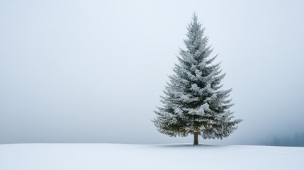 Snow-laden tree standing alone in a serene winter landscape under a soft, foggy sky