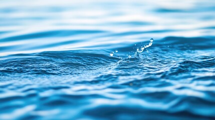 Water splash creating droplets against a clean white background, featuring vibrant blue water surface texture, clear liquid dynamics, nature, high contrast, precise details.