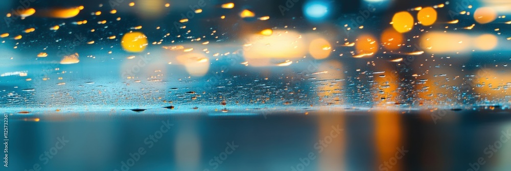 Aufkleber Raindrops cling to a window, providing a distant view of an empty street illuminated by soft, blurred lights on a rainy evening. Generative AI