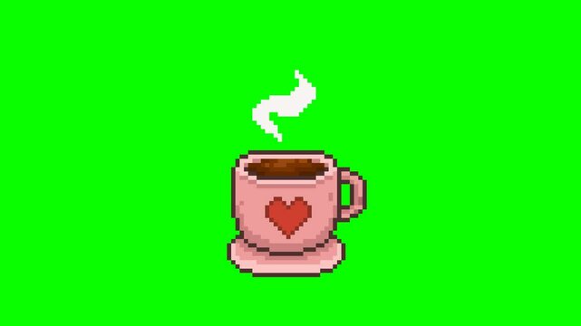 Pink cup of coffee, romantic pixel art 