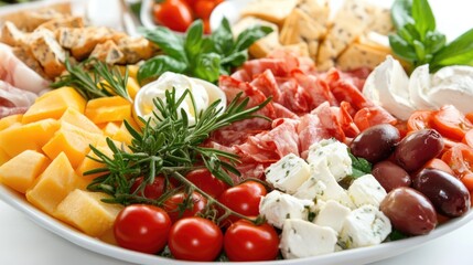 Colorful appetizer platter with assorted vegetables cheeses and meats on white background ideal for parties and gatherings