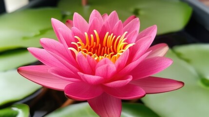 Obraz premium Vibrant pink water lily blooming gracefully above green lily pads in a serene park setting