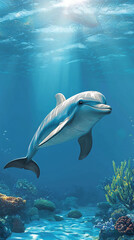 playful dolphin swims gracefully through vibrant coral reef