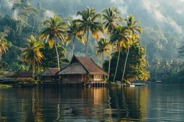 Fototapeta premium Tropical hut on stilts in a lake surrounded by palm trees and lush greenery