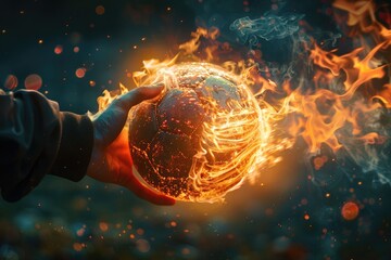 A hand holds a soccer ball engulfed in flames.