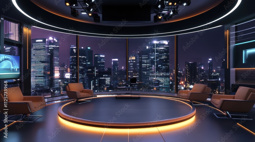 Poster recording an interview in a contemporary television studio featuring advanced media technology and a