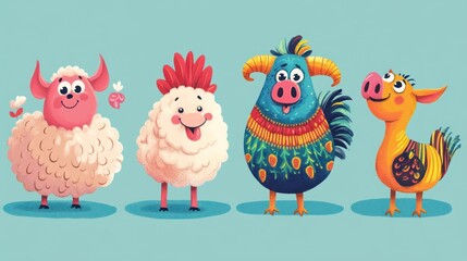 Fototapeta premium Four Cute Cartoon Animals Stand Together In A Row