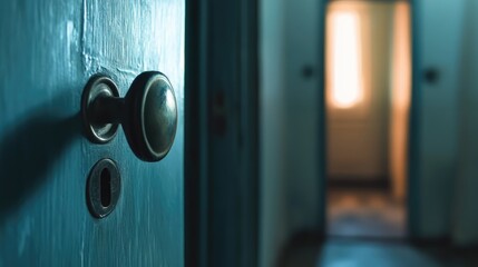 Obraz premium Door handle with selective focus showcasing a blurred interior doorway in a vintage atmosphere highlighting depth and perspective.