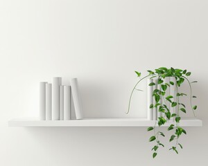 A simple white shelf with a row of books and a hanging plant