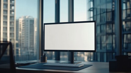 Fototapeta premium Modern workspace with blank screen computer near window