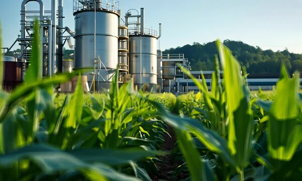 A field of corn in the foreground with industrial silos and structures in the background, illustrating the intersection of agriculture and industry.