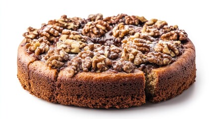 Traditional German walnut cake with a rich topping presented on a plain white background showcasing its delicious texture and appearance