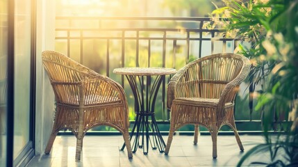 Cozy balcony setup featuring two rattan chairs and a table bathed in warm sunlight creating a nostalgic and inviting atmosphere