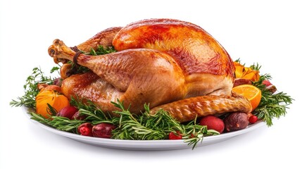 Roasted turkey on a platter with herbs and fruits isolated on white background for festive holiday dinner and culinary presentations